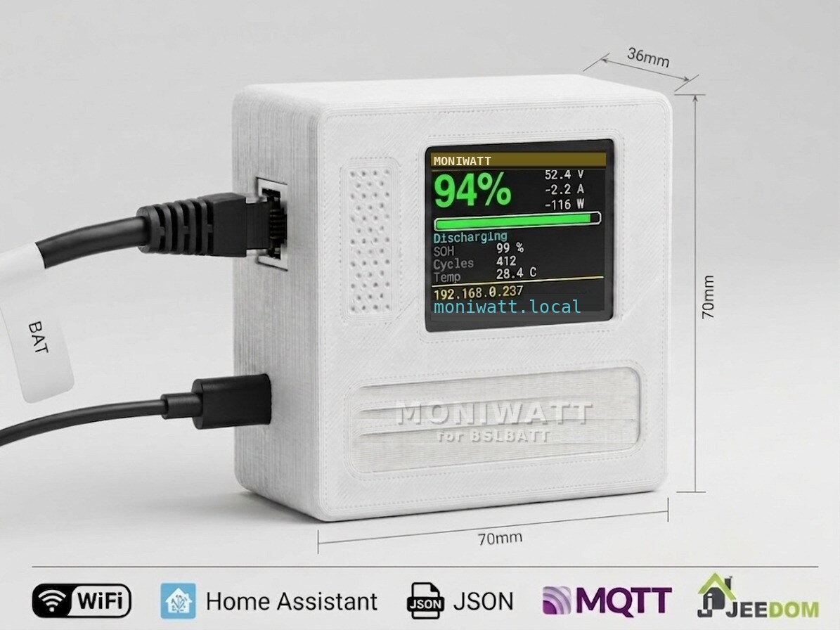BSLBATT Monitor Wi-Fi box with screen showing battery charge, voltage and current
