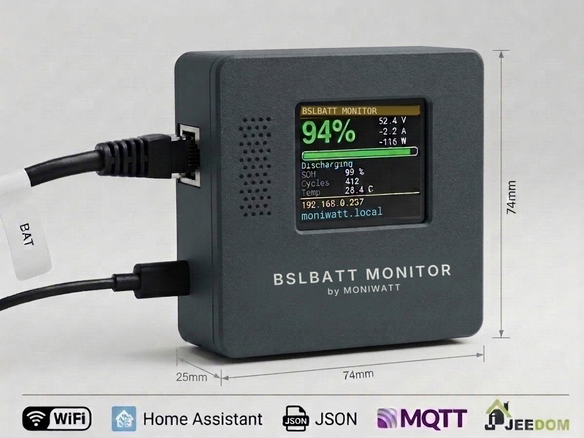 WLAN-Box BSLBATT Monitor mit Display, das Ladung, Spannung und Strom der Batterie zeigt